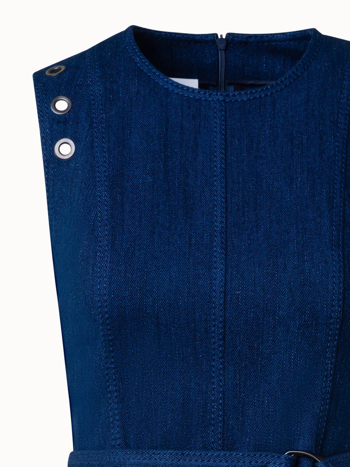 Cotton Denim Stretch A-Line Dress with Eyelet Details