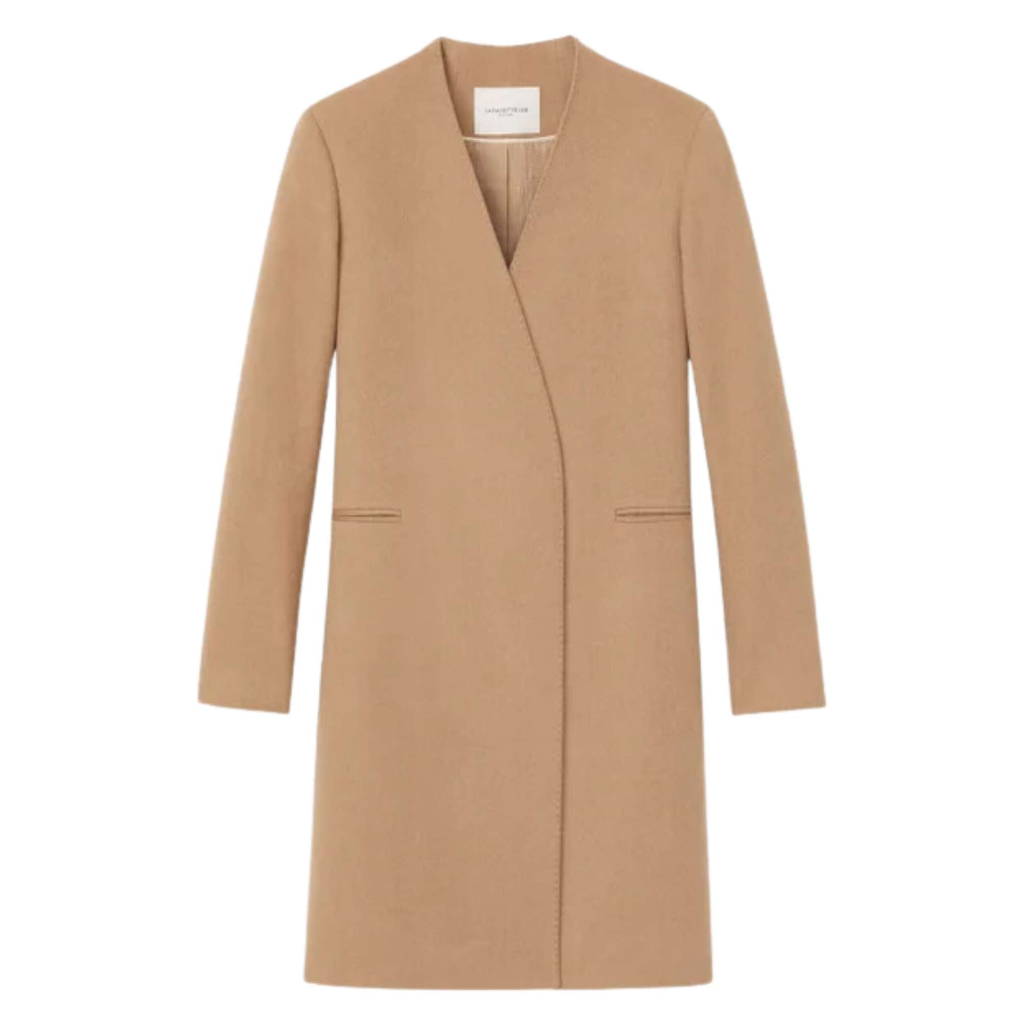 Collarless camel coat best sale