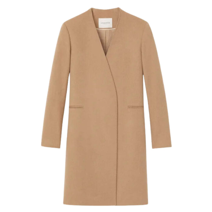 Collarless V-Neck Coat - Natural - M