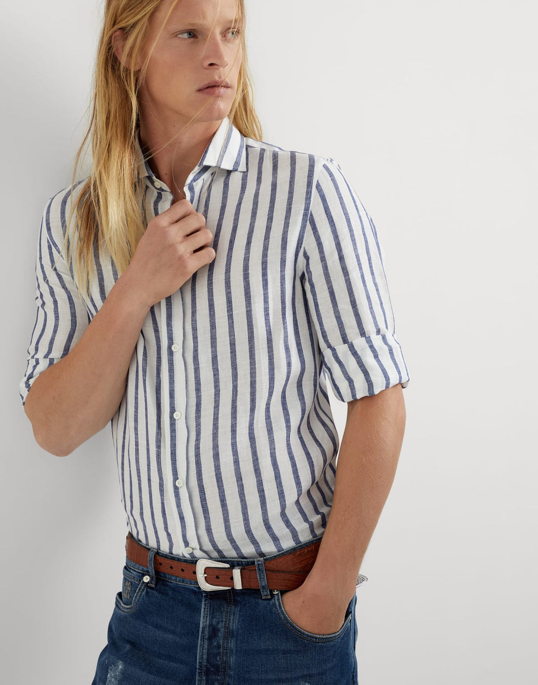 Linen Stripe Spread Collar Shirt