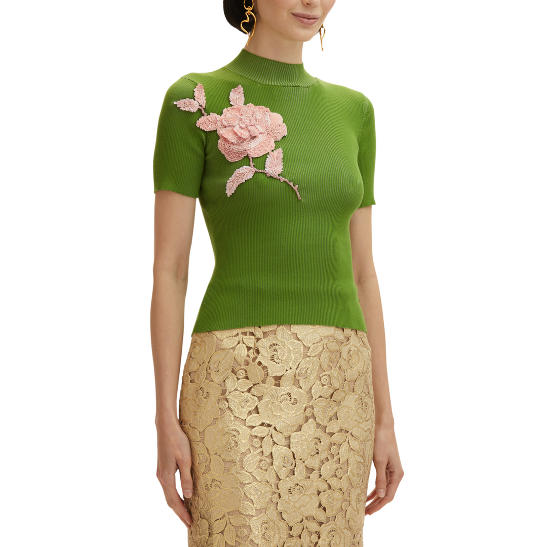 Silk Rib Mock Neck with Sequin Rose Embroidered