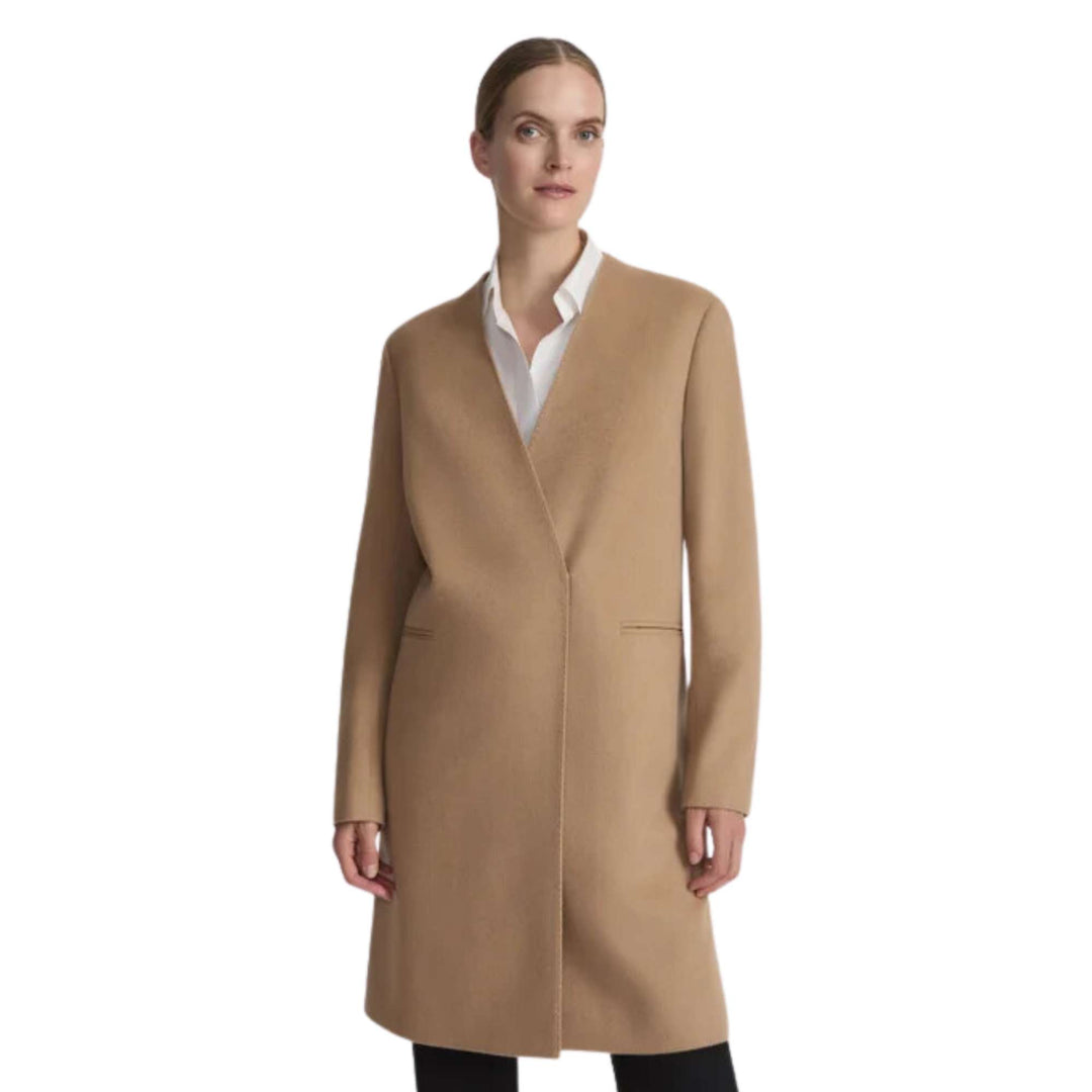 Camel Hair Collarless V-Neck Coat