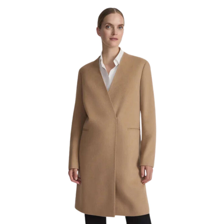 Collarless V-Neck Coat - Natural - M