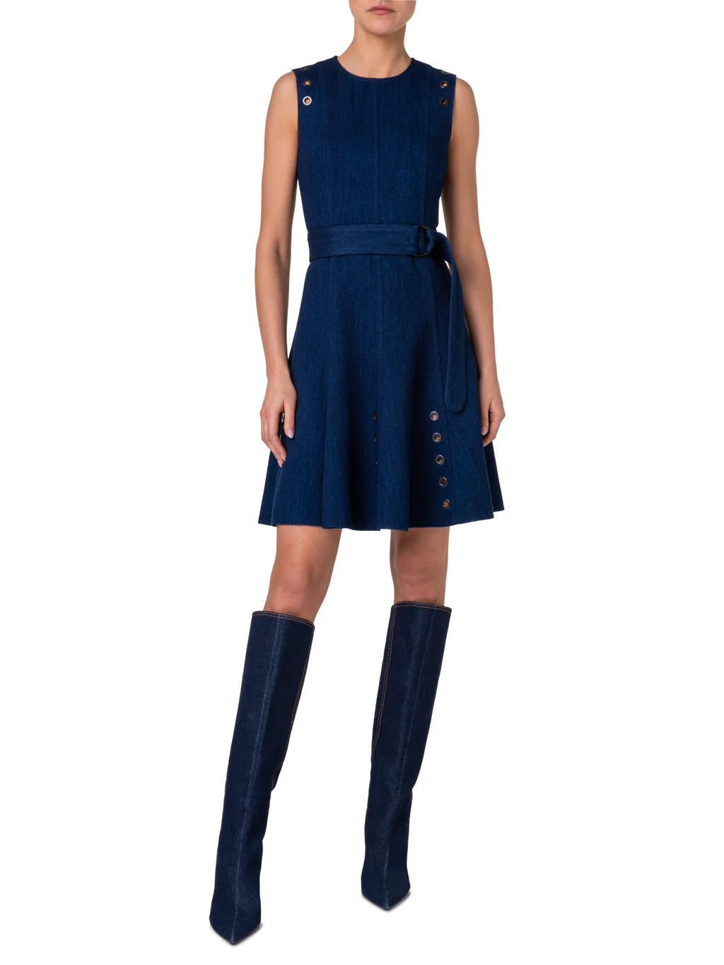 Cotton Denim Stretch A-Line Dress with Eyelet Details