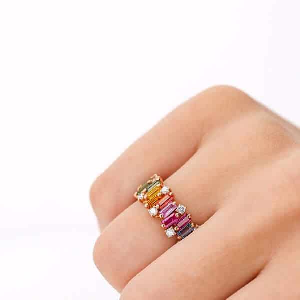 Rainbow Sapphire Baguettes Eternity Band