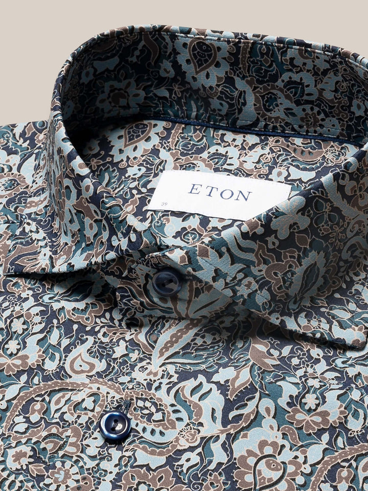 Dark Blue Floral Print 4-Way Stretch Shirt