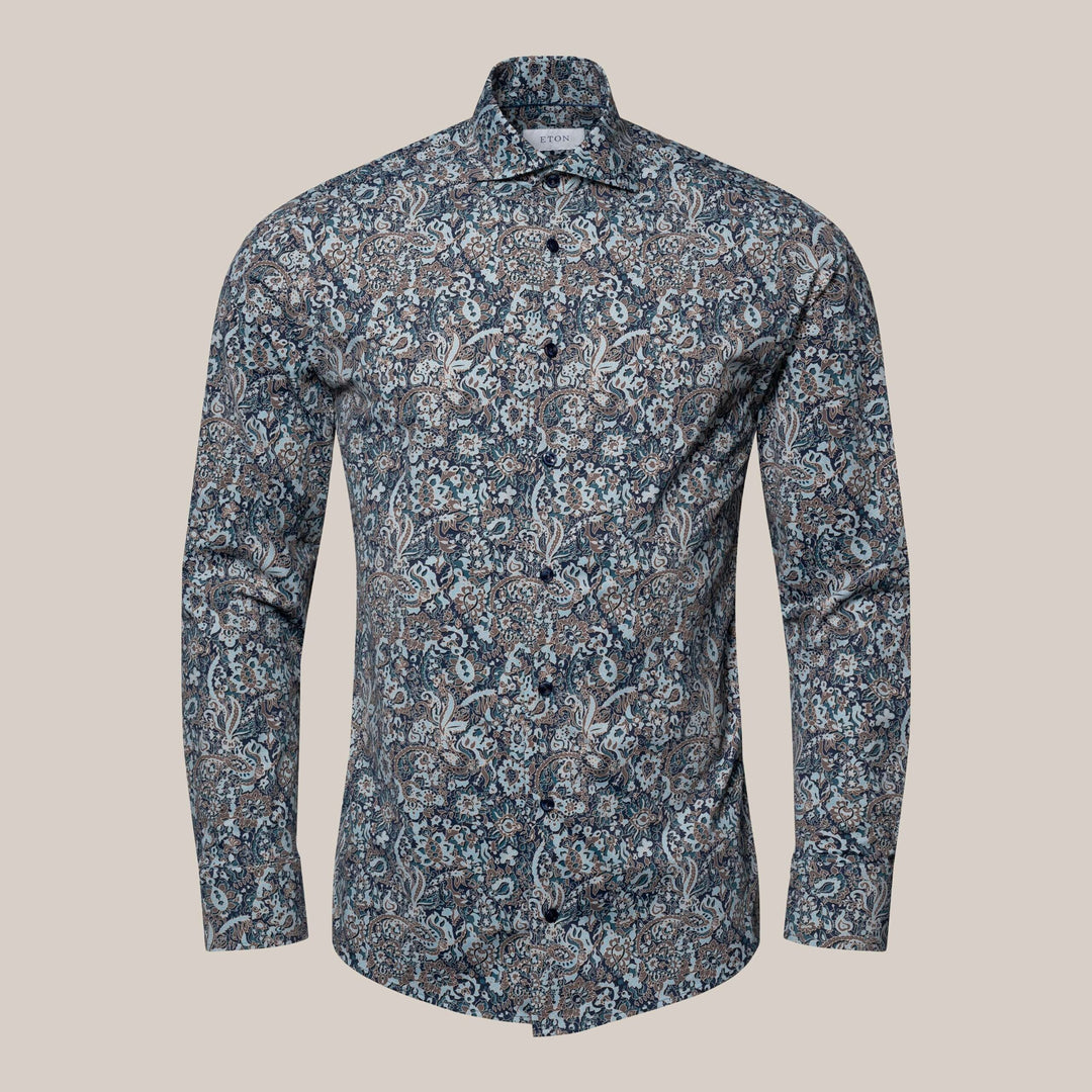 Dark Blue Floral Print 4-Way Stretch Shirt