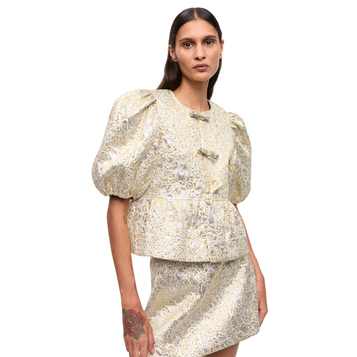 Ganni Metallic Cloque Peplum Blouse