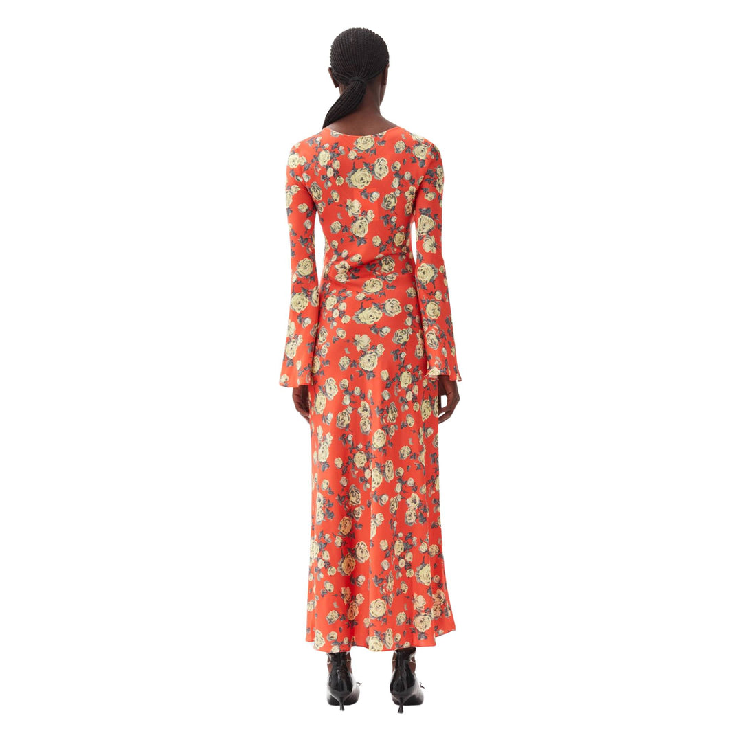 Printed Satin Maxi Dress In Poinciana