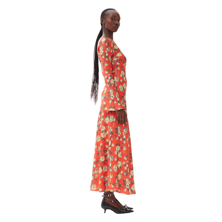 Printed Satin Maxi Dress In Poinciana