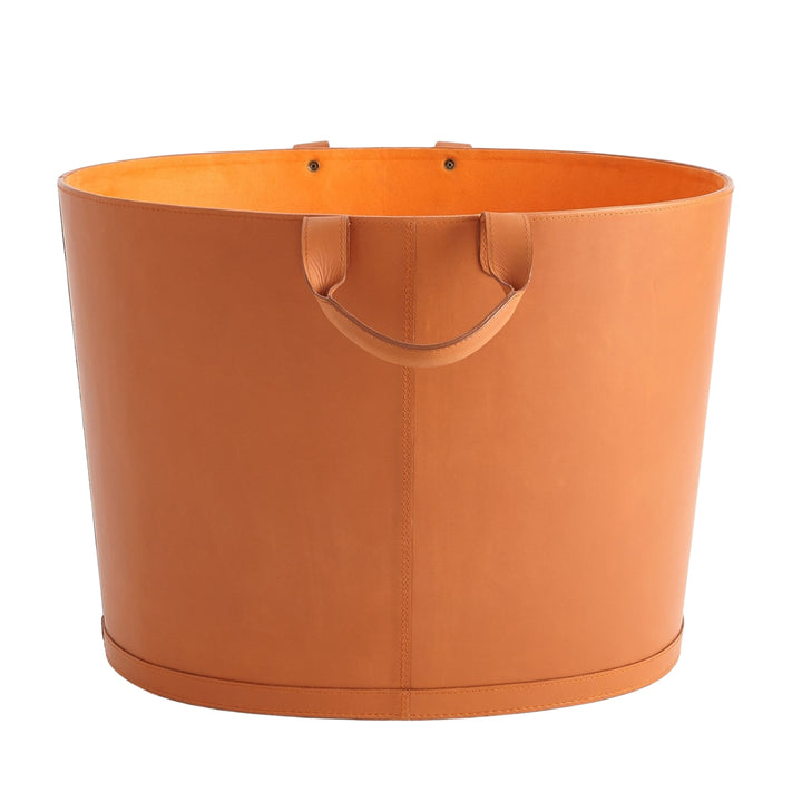 Global Views Oversized Oval Leather Basket in Orange