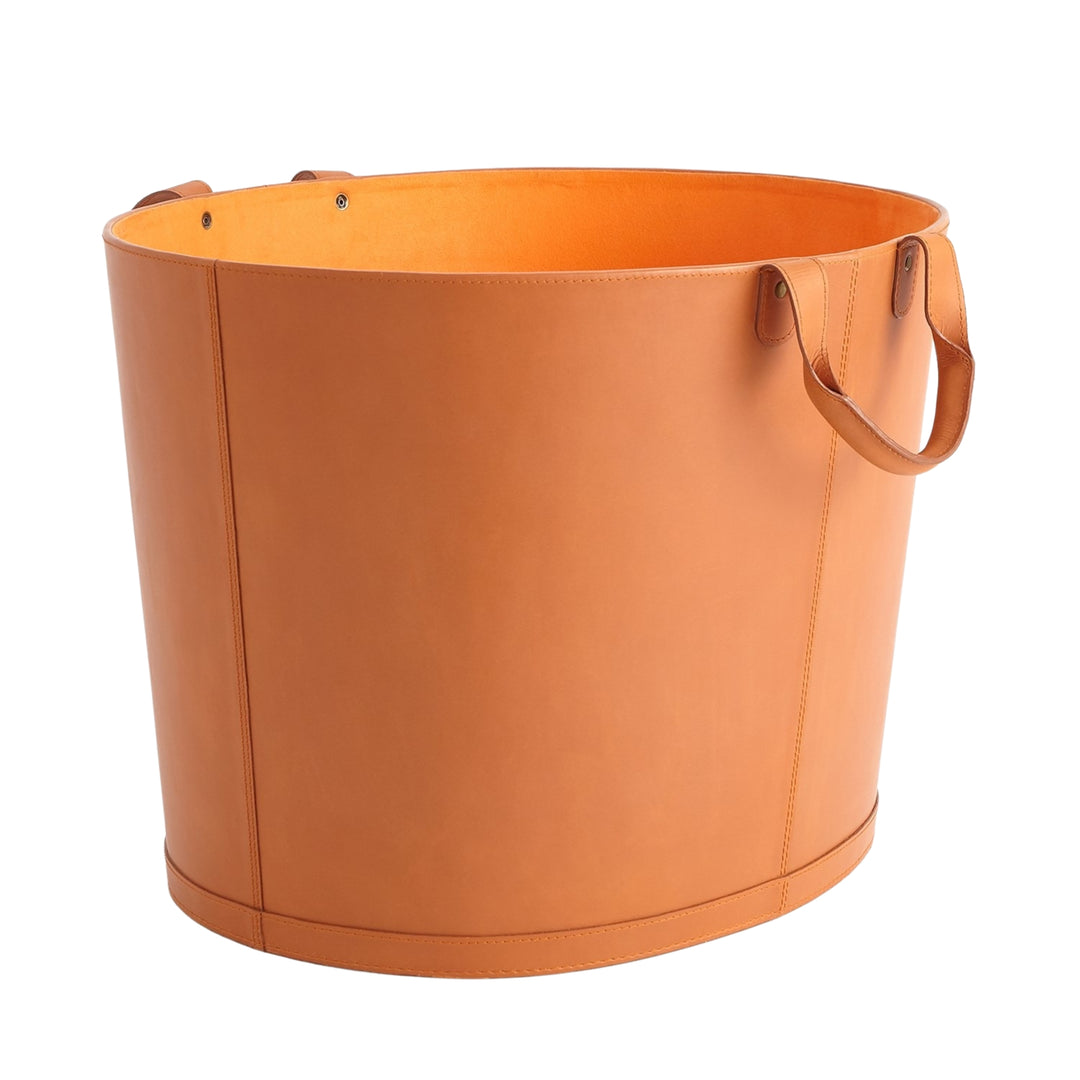 Global Views Oversized Oval Leather Basket in Orange