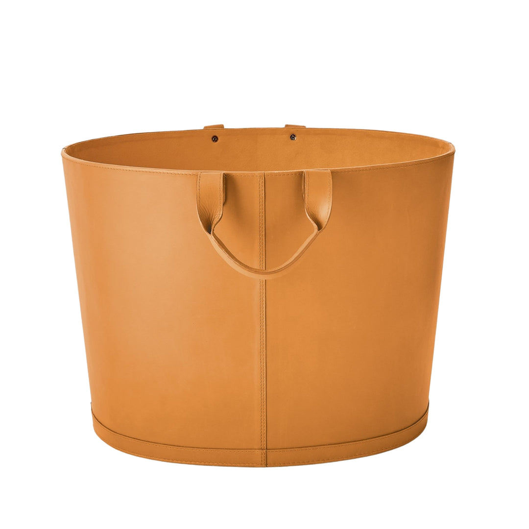 Global Views Oversized Oval Leather Basket in Orange