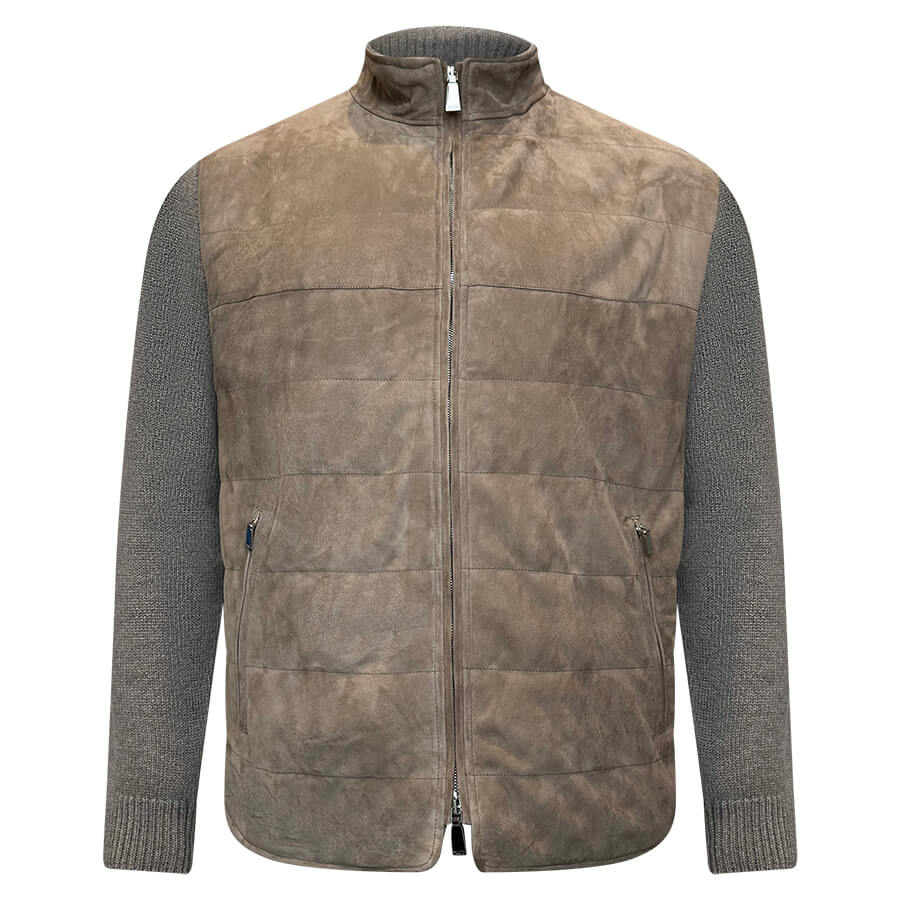 Padded suede vest design. Front double zip fastening. Double exterior zip pockets. Contrasting wool sleeves.