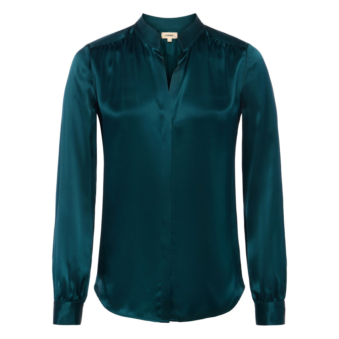 L'AGENCE BIANCA BAND COLLAR BLOUSE IN DEEP TEAL MULTI