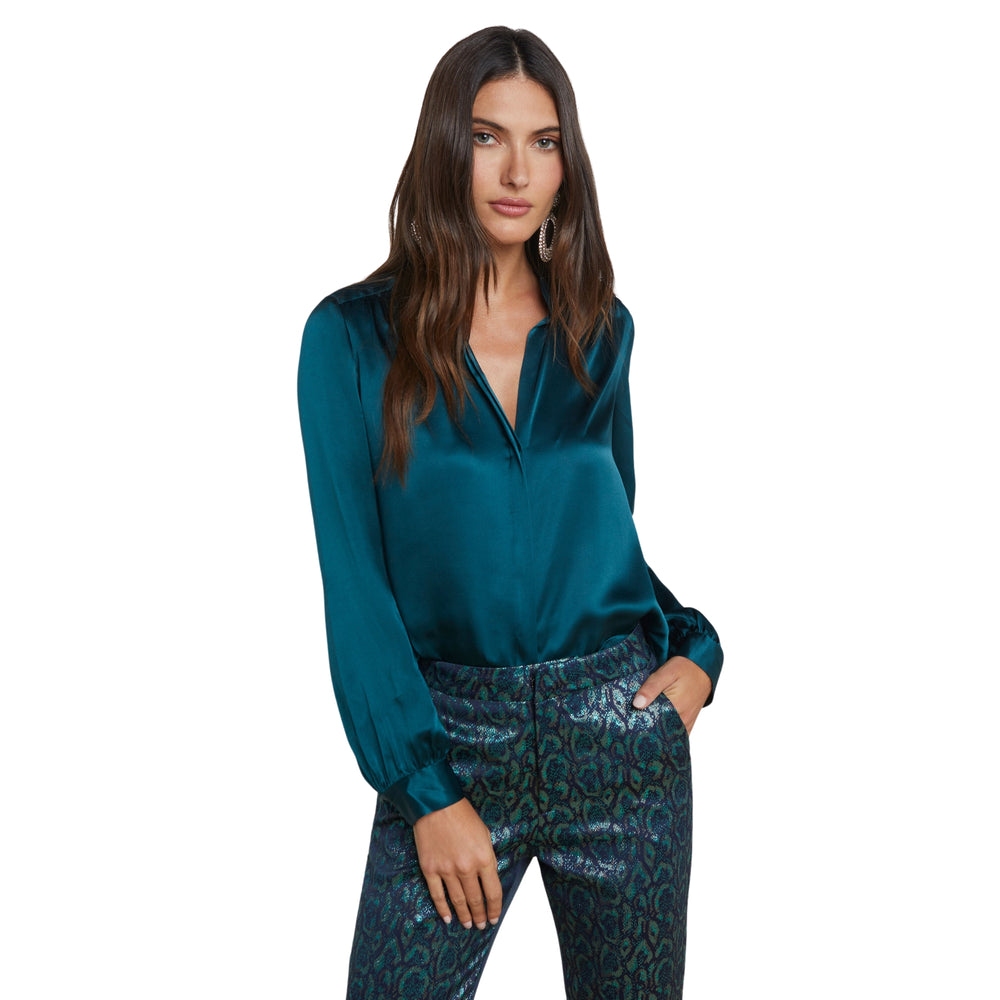 L'AGENCE BIANCA BAND COLLAR BLOUSE IN DEEP TEAL MULTI