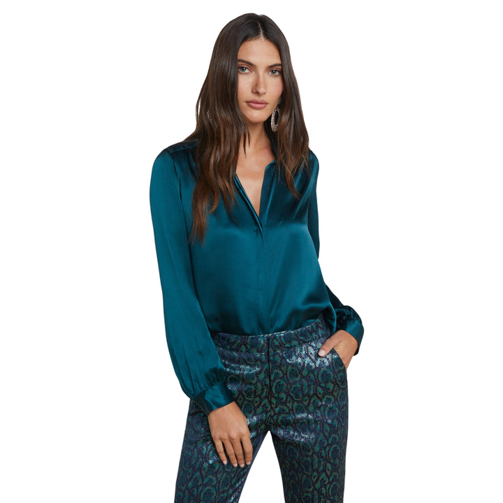 L'AGENCE BIANCA BAND COLLAR BLOUSE IN DEEP TEAL MULTI