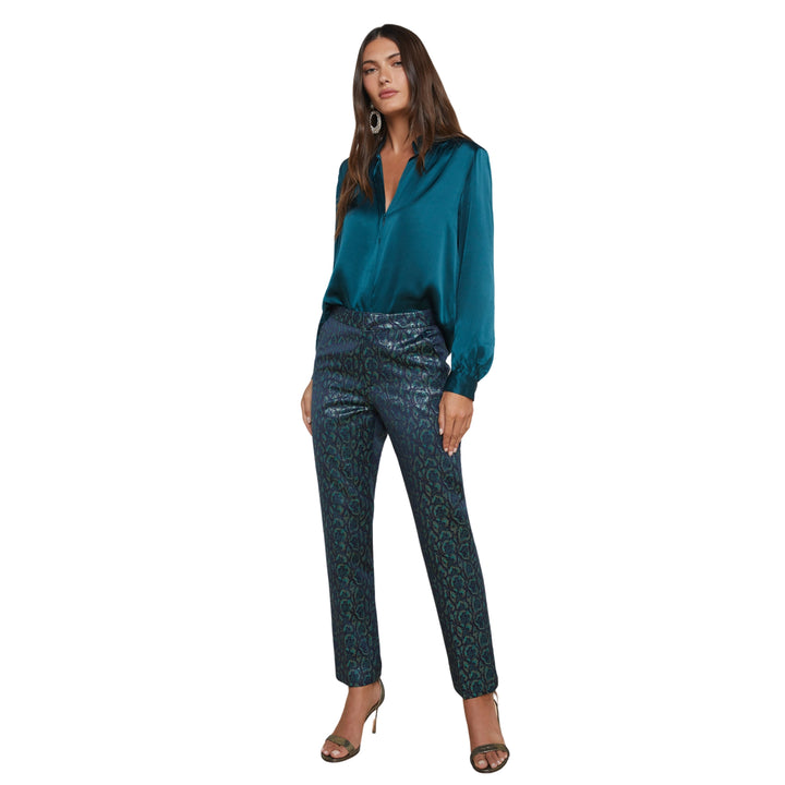 L'AGENCE BIANCA BAND COLLAR BLOUSE IN DEEP TEAL MULTI