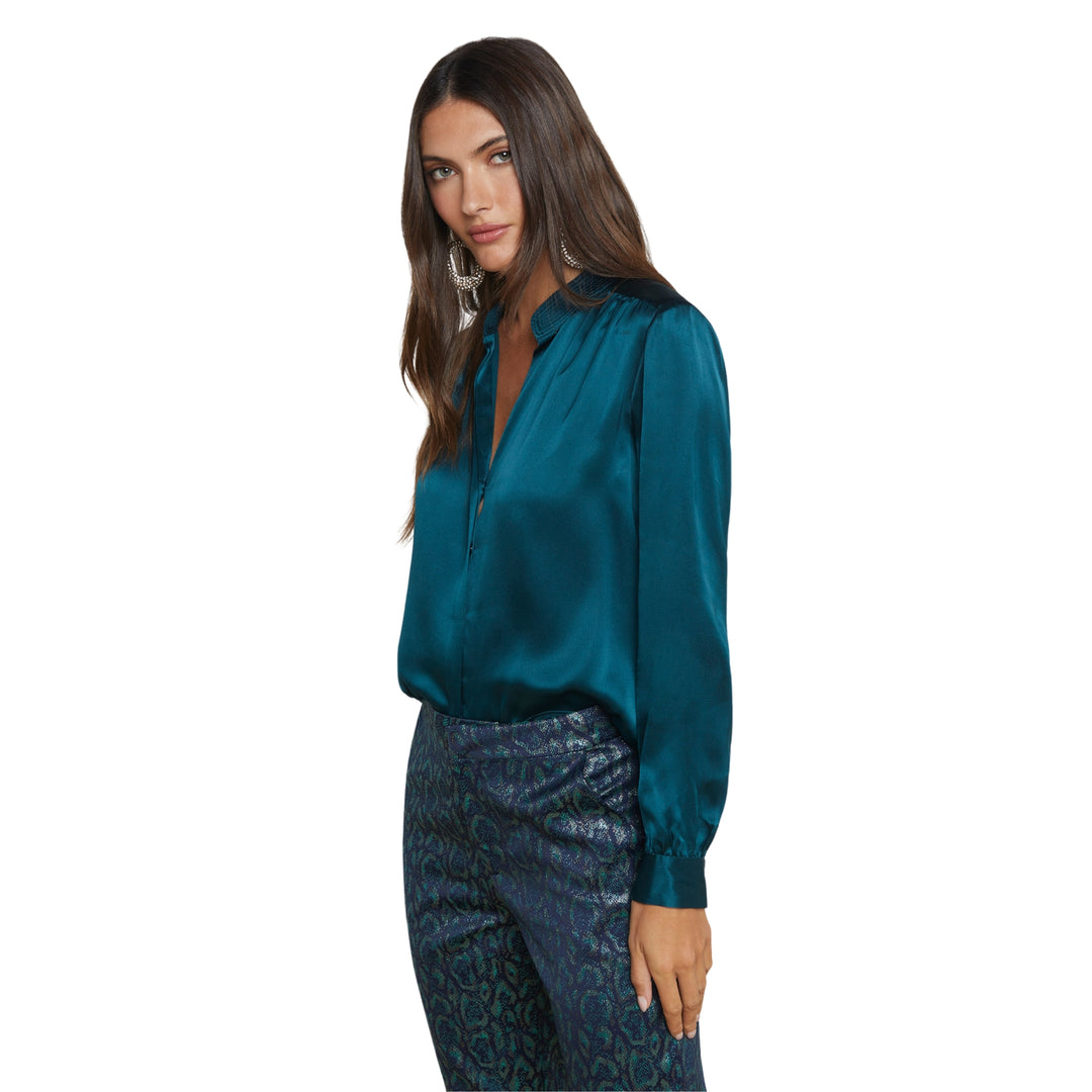 L'AGENCE BIANCA BAND COLLAR BLOUSE IN DEEP TEAL MULTI