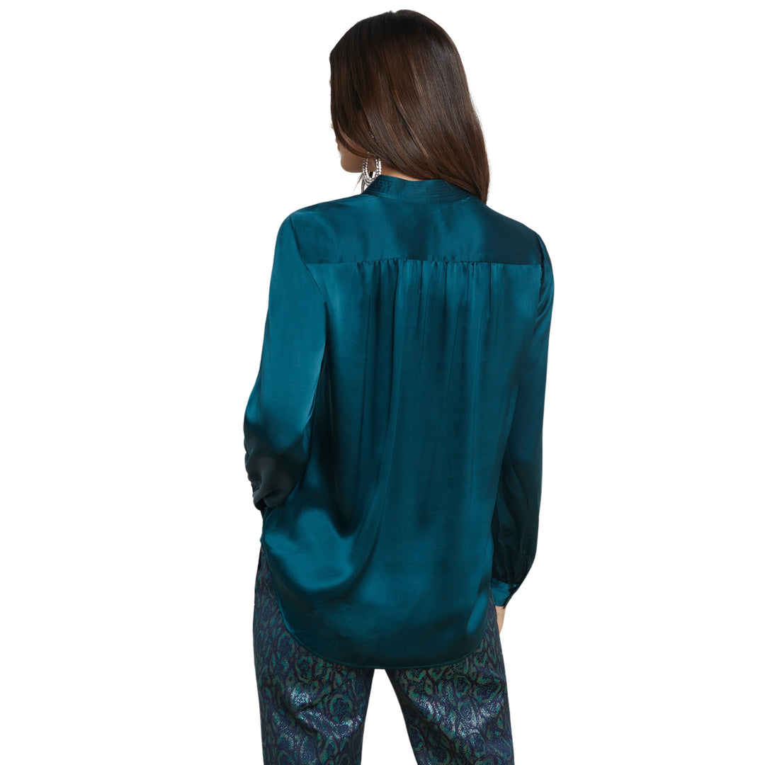 L'AGENCE BIANCA BAND COLLAR BLOUSE IN DEEP TEAL MULTI