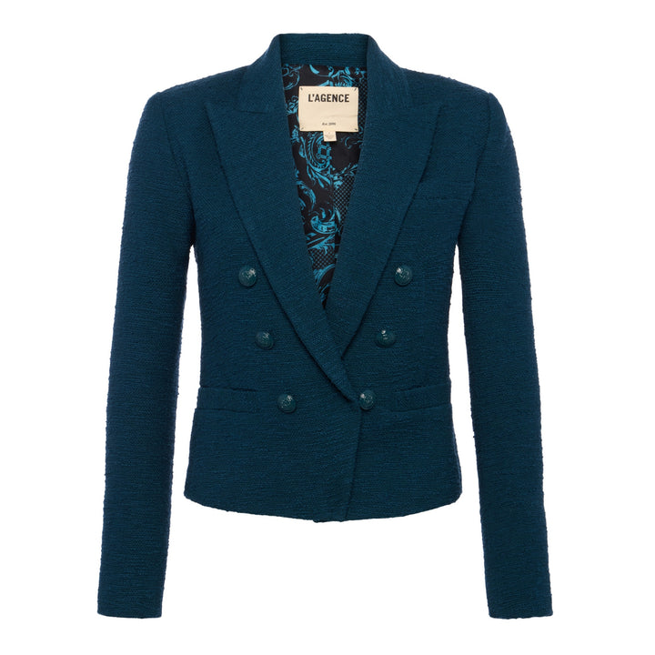 LAGENCE Brooke Double Breasted Crop Blazer in Deep Teal/Rococo