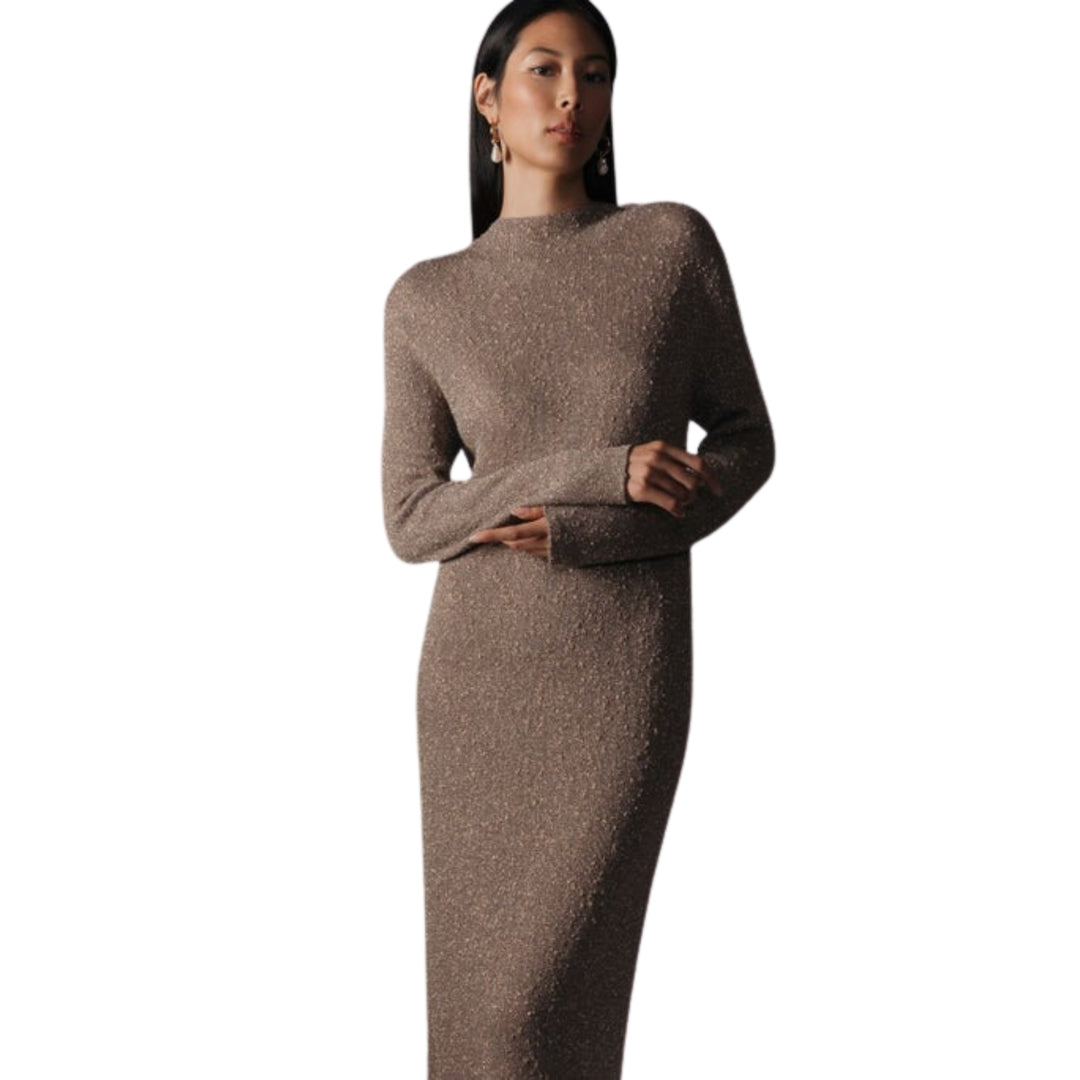 Lafayette 148 Stand Collar Dress in Smoked Taupe Metallic 