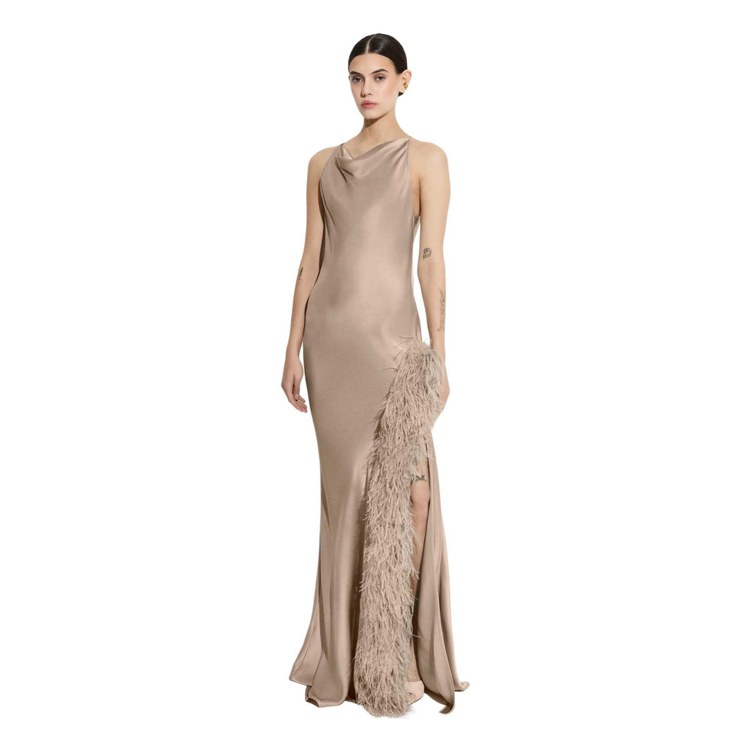 Satin Halter Gown with Feathers