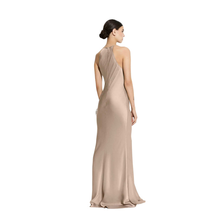 Satin Halter Gown with Feathers