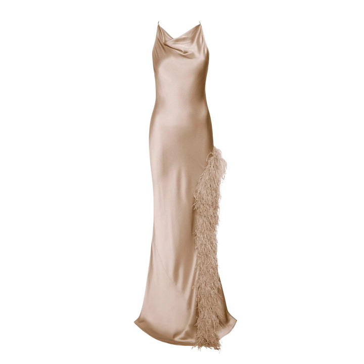 Satin Halter Gown with Feathers