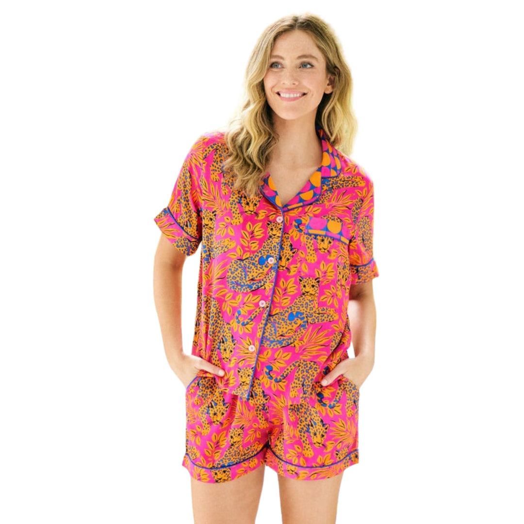 Printfresh City Cats Satin Short Sleep Set in Fuschia