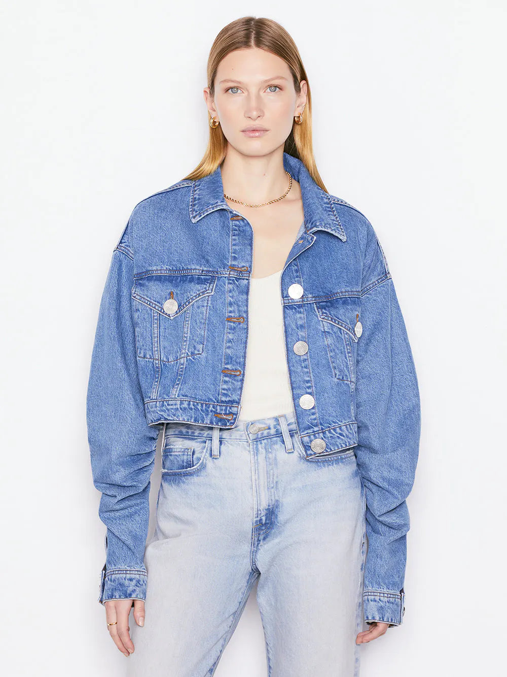 Ruched Sleeve Denim Jacket