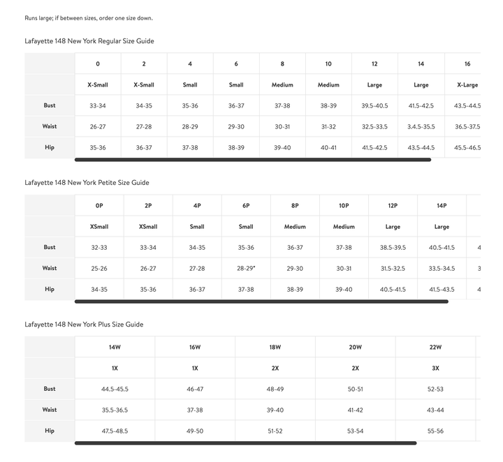 Lafayette Size Guide