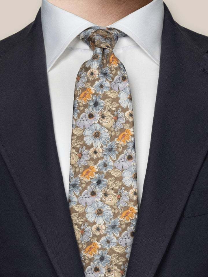 Brown Floral Printed Silk Tie