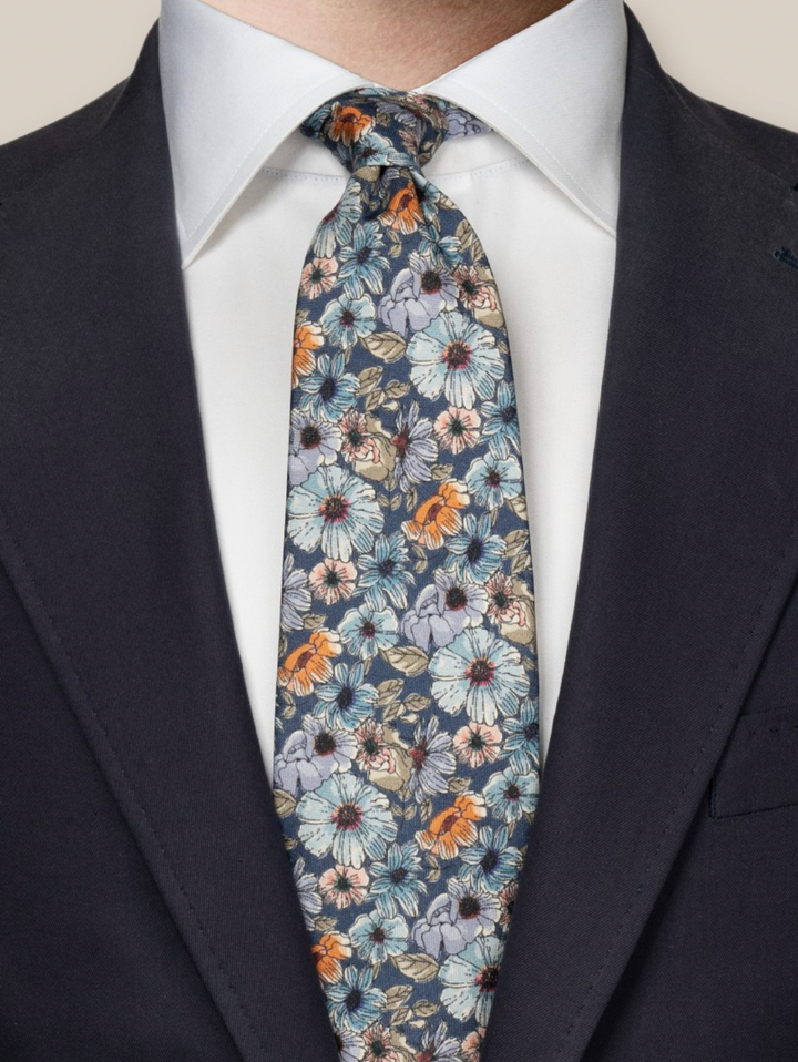 Mid Blue Floral Printed Silk Tie