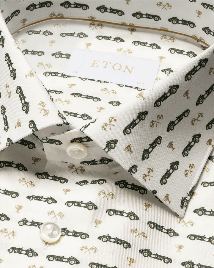 White Race Car Print Twill Shirt