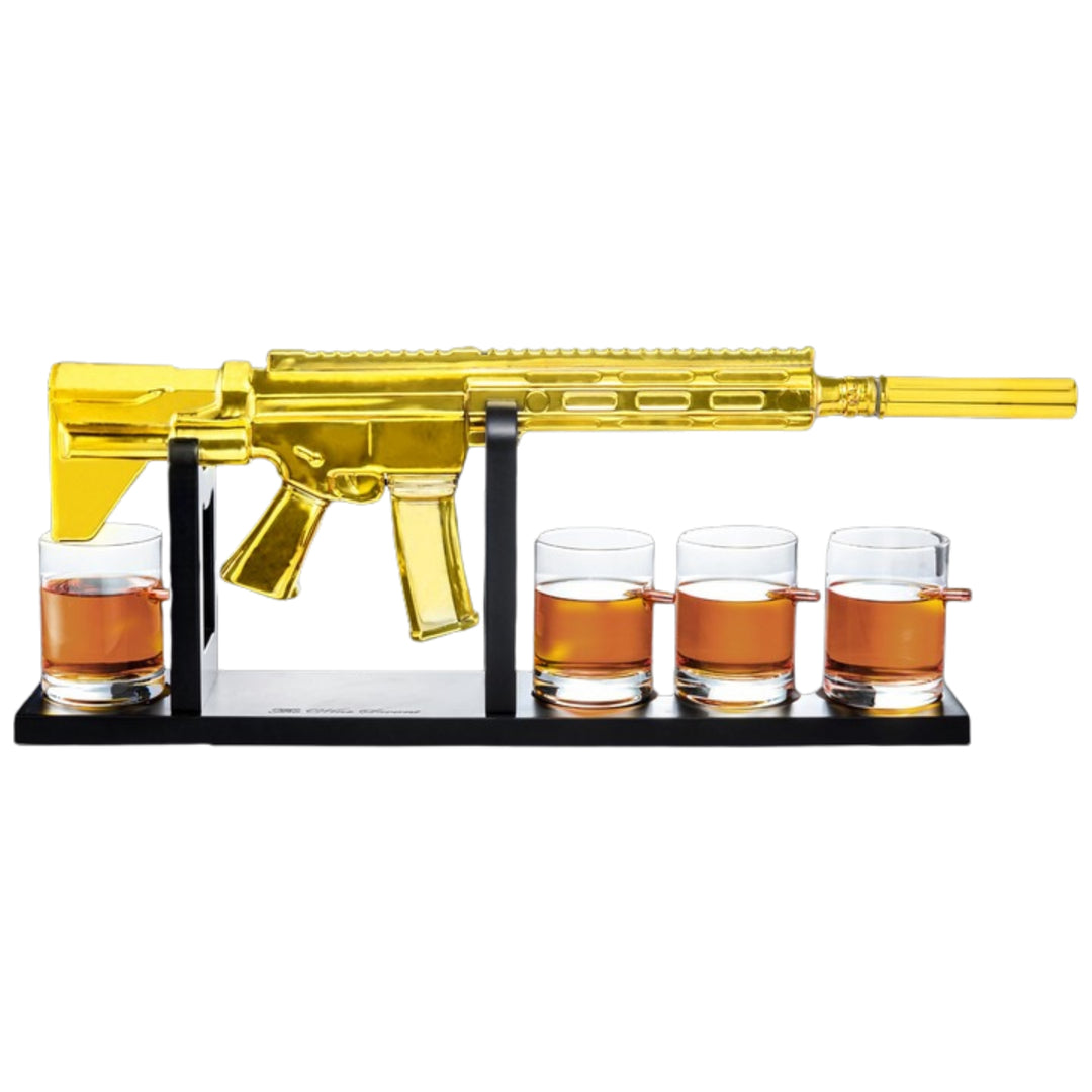 The Wine Savant AR 15 Gold Whiskey Decanter and 4 Bullet Glasses Set
