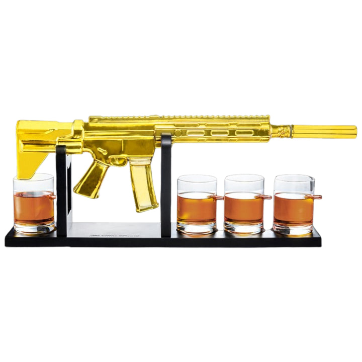 The Wine Savant AR 15 Gold Whiskey Decanter and 4 Bullet Glasses Set
