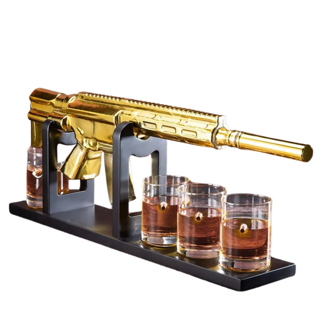 The Wine Savant AR 15 Gold Whiskey Decanter and 4 Bullet Glasses Set