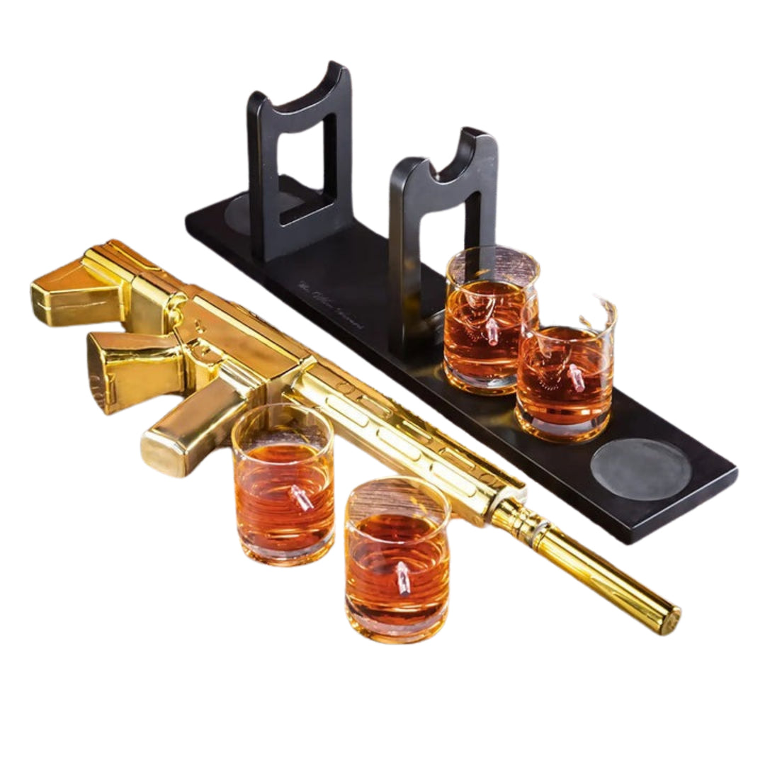 The Wine Savant AR 15 Gold Whiskey Decanter and 4 Bullet Glasses Set