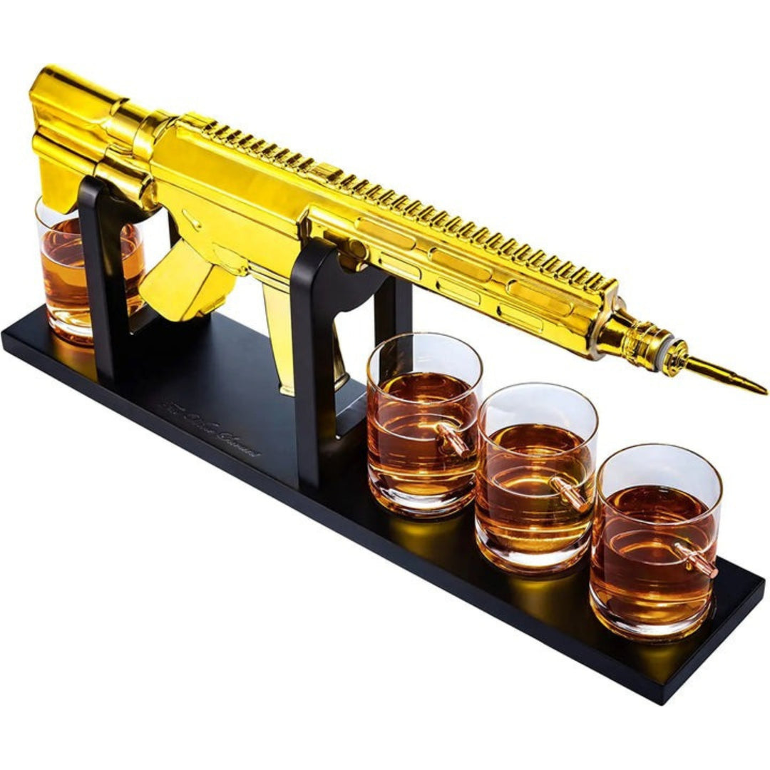 The Wine Savant AR 15 Gold Whiskey Decanter and 4 Bullet Glasses Set