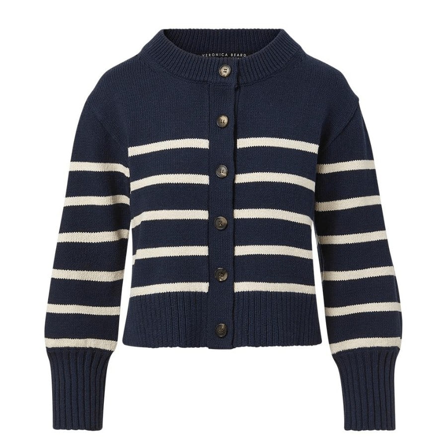 A nautical striped cardigan is forever. Introducing the Kylin, made from 100% cotton, and designed to be an everyday go-to. This timeless piece offers a relaxed, easy fit, and is finished with puffed sleeves, a slightly cropped length, and tortoise buttons. Throw it over your shoulders when temperatures start to drop or wear it alone with jeans and loafers for a classic fall look.