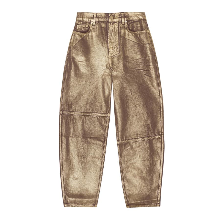 These Gold Foil Stary Jeans are made from organic cotton and feature 5 pockets, belt loops, zip and button closure and blue-coloured foil. The jeans are fitted at the waist and designed for a relaxed fit at the hips and thighs with a voluminous curved-leg silhouette.