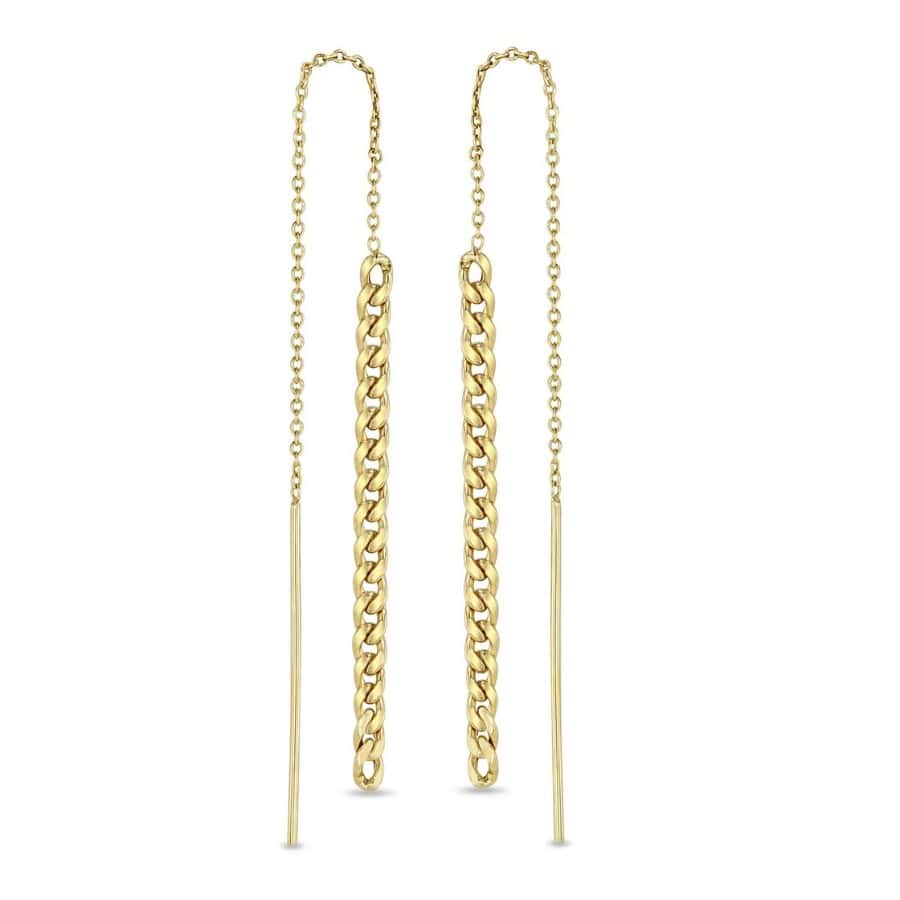 14k gold wire and cable chain threader earrings with a long drop of small hollow curb chain.