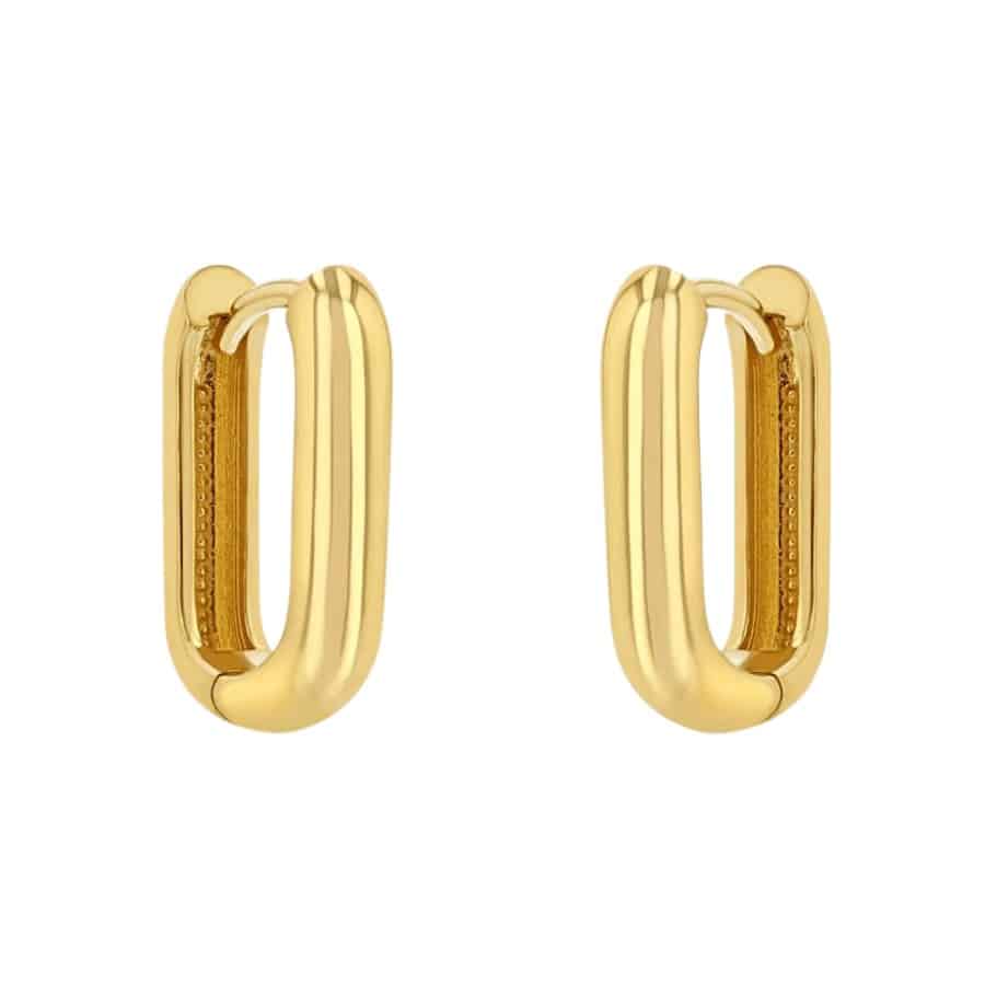 14k gold thicker medium elongated oval hinged hoop earrings.