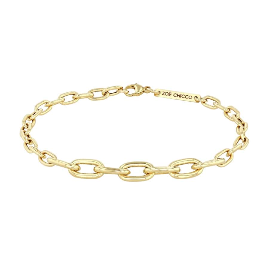 14k gold medium hollow square oval link chain bracelet with a long station of extra-large square oval link chain in the middle.