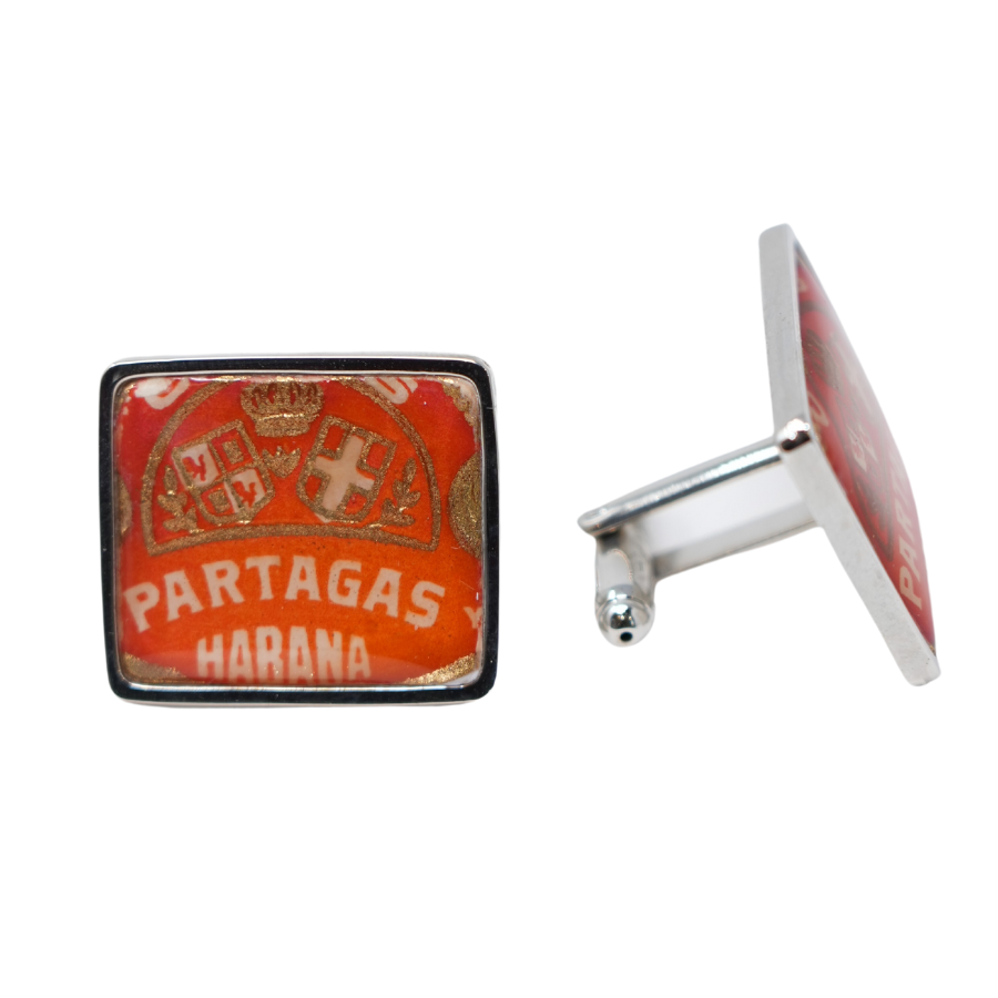 Text: Partagas Habana. Silver lining cufflink. Shape: rectangle. Exclusive cufflinks.