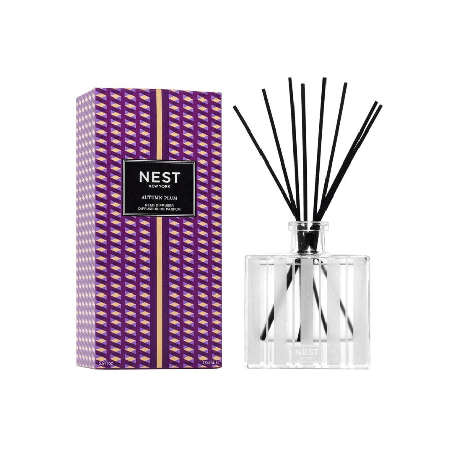 This Autumn Plum diffuser captures the sweet, woody aroma of freshly fallen autumn leaves with wild plum and cinnamon wrapped in the warmth of patchouli leaf and cashmere wood. Housed in a glass vessel etched with elegant, frosted stripes and includes 8 all-natural rattan reed sticks. 5.9 fl oz | 175 ml. Expertly crafted with the highest quality fragrance oils, this Reed Diffuser releases an exquisite scent slowly and evenly into the air for approximately 90 days, delivering continuous fragrance, uninterrup