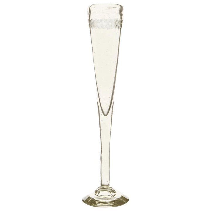 Pilar extremely tall champagne flutes with laurel engraving on clear mouth blown glass. The height and capacity of these flutes can vary slightly due to the mouth blown nature of this piece. Dimensions: 2" x 2" x 12". Care instructions: Hand wash.