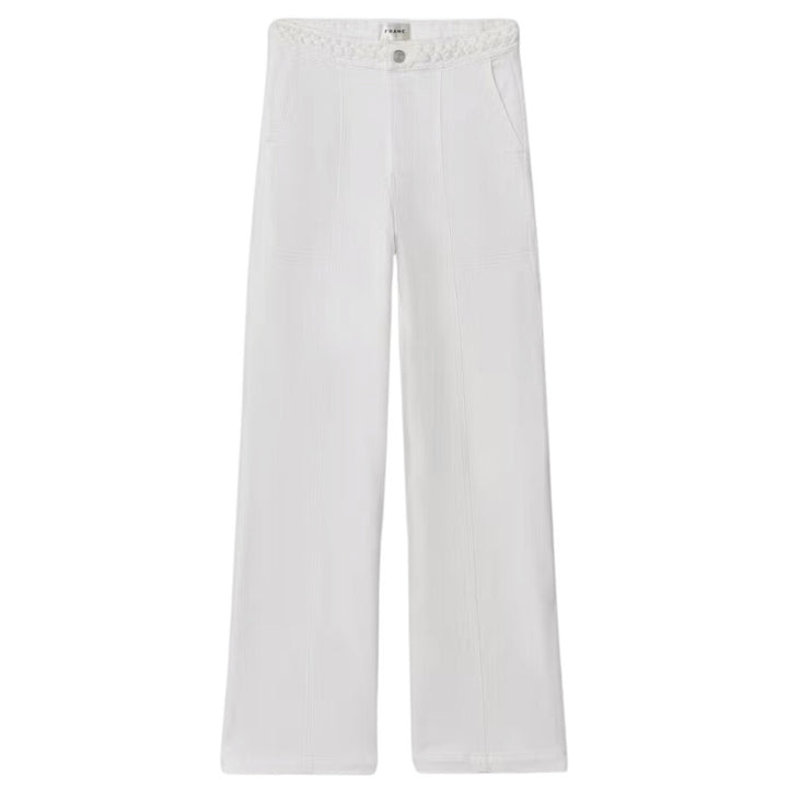 Crafted with a '70s inspired braided waistband, this wide leg jean is cut to a high rise and features an ultra-long 34" inseam—ideal for pairing with heels. Patch pocket details at the front, tonal stitching, and back seams along the leg complete the look. Crafted in Frame's distinct, super-stretch Le Forme denim. Super stretch denim. High rise. Wide leg. Long length. 11.25" Front Rise/34.0" Inseam/23.0" Leg Opening.