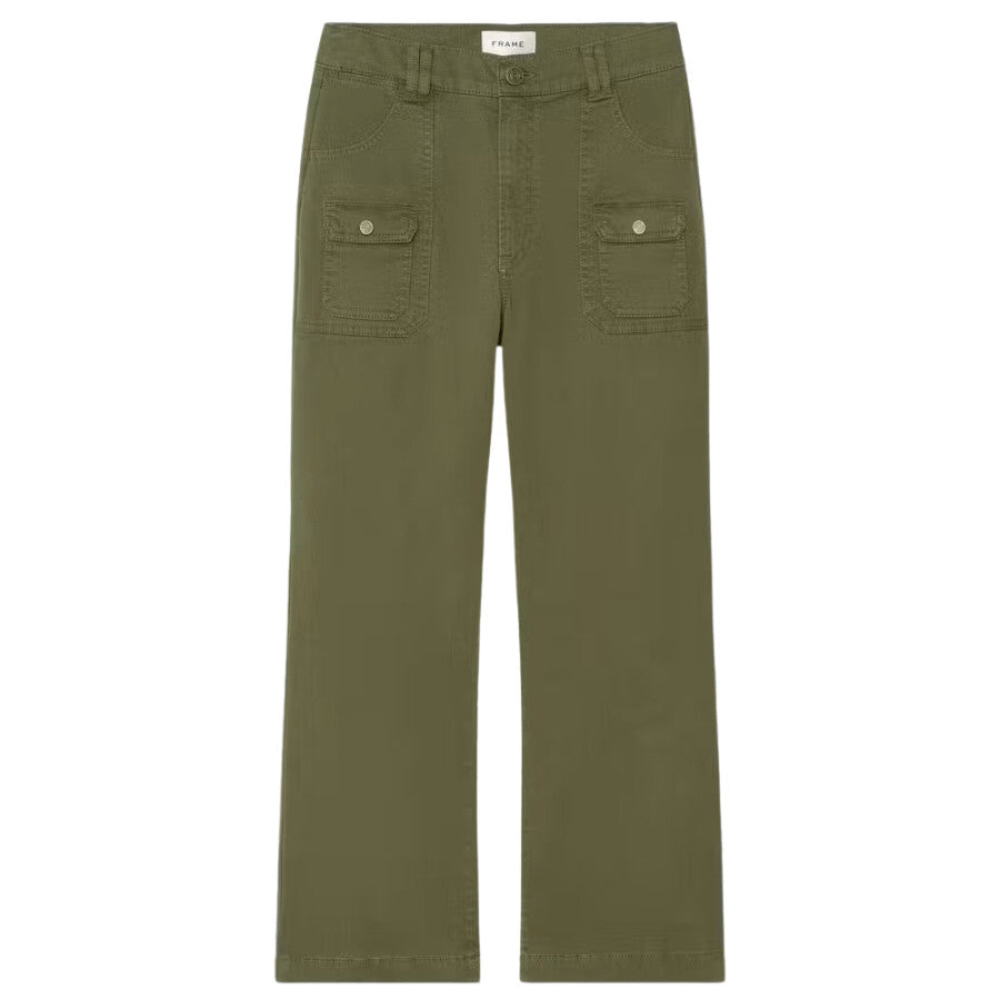 Let your jeans take the day off. This straight-leg pant is made from comfortable stretch twill in a universally flattering washed green. As a nod to utility style, it has front patch pockets as well as flap patch pockets in the back. High Rise Fit. Machine Wash Cold. 98% Cotton/2% Elastane. 11" Front Rise/27" Inseam/17.5" Leg Opening.